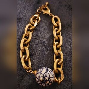 Gold Chain Bracelet with Blue and White Ceramic Bead